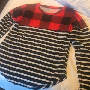 •long sleeve buffalo plaid and stripe shirt•